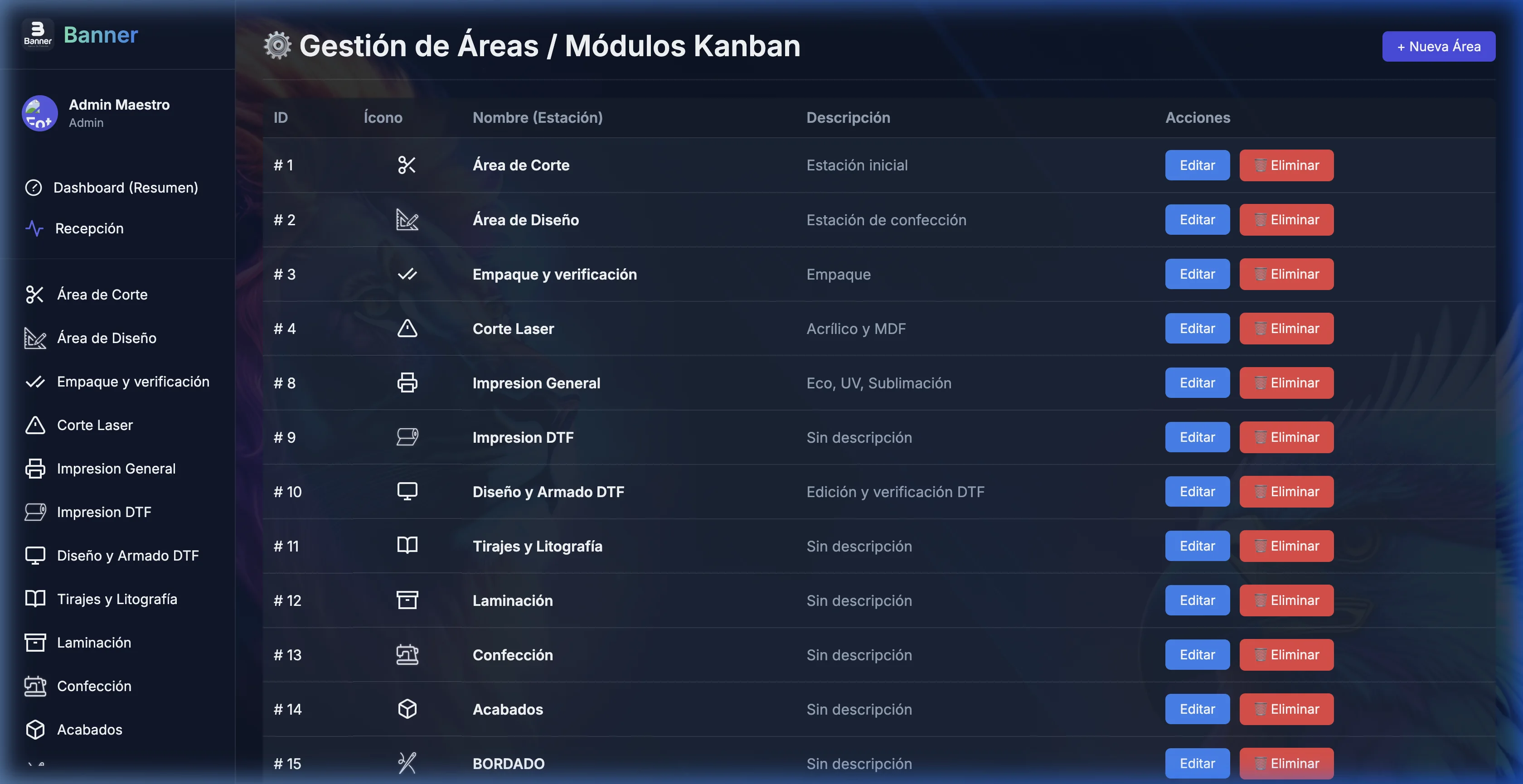 Vista real de gestión de áreas y módulos Kanban