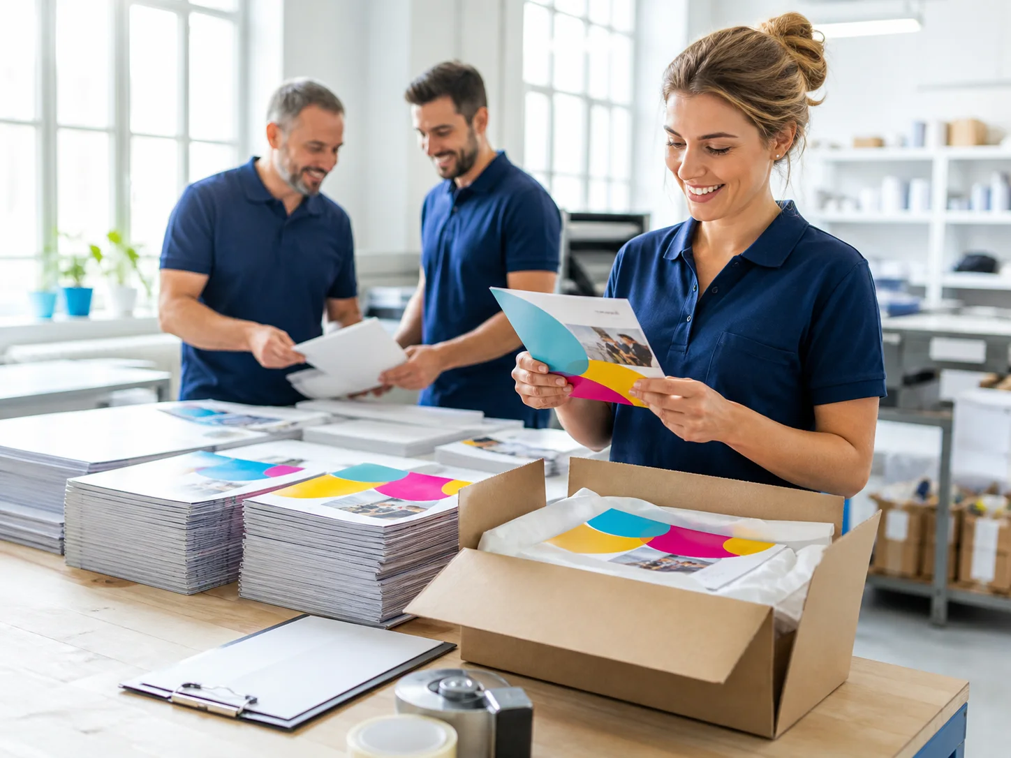 Equipo verificando y empacando un pedido impreso terminado