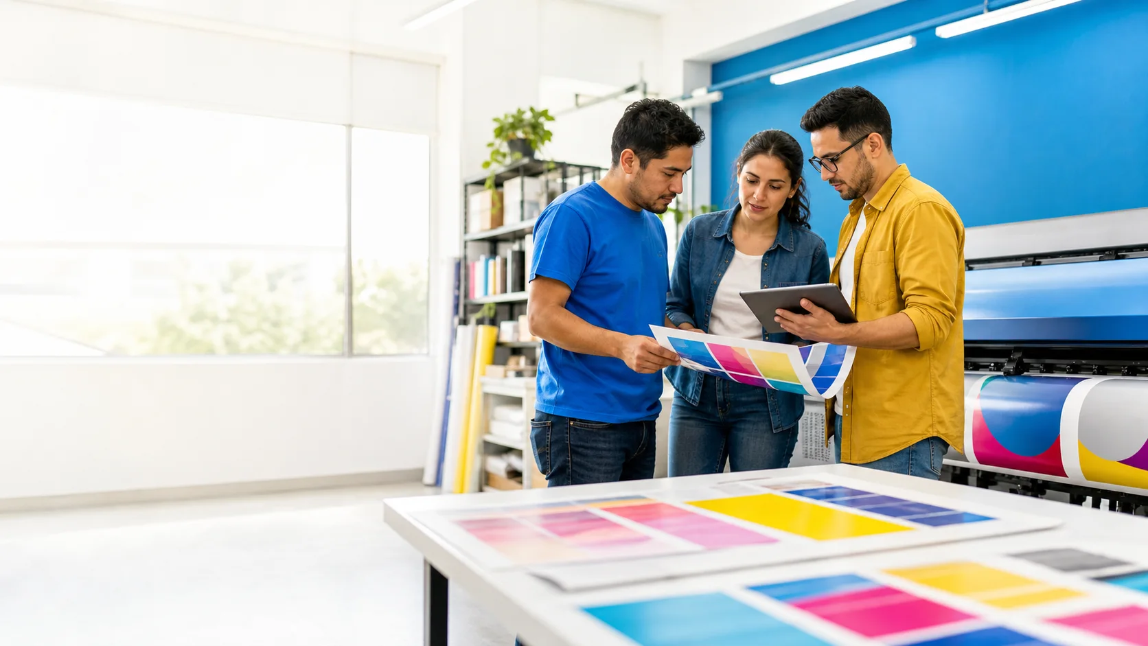 Equipo profesional revisando una prueba de color en una imprenta moderna
