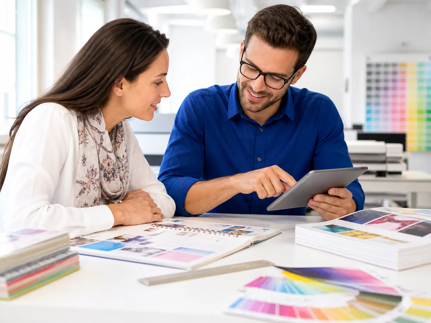 Cliente y asesor revisando especificaciones de un pedido gráfico